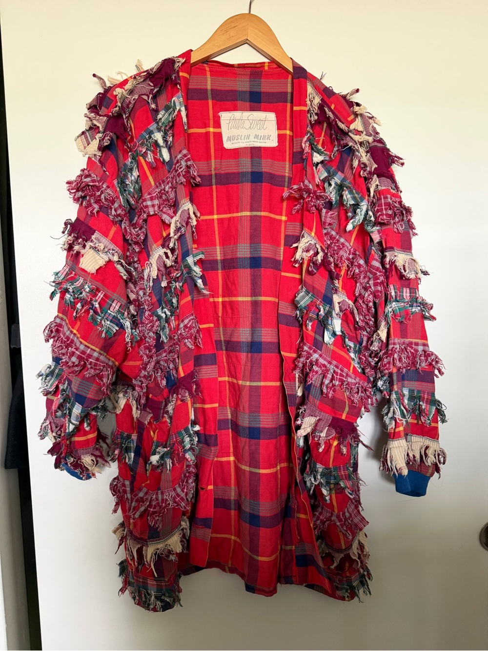 Vintage Paula Sweet Muslin Mink Red Plaid Fringe Jacket
